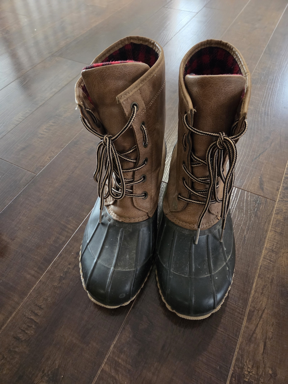 Womens Brown Duck Boots with Black Rubber Toe and Red Plaid Lining